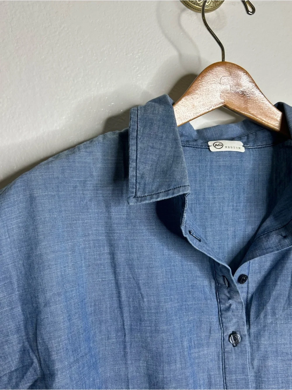 AG 100% Cotton Denim Chambray Button Down Tie Front Short Sleeve Boxy Blouse Top